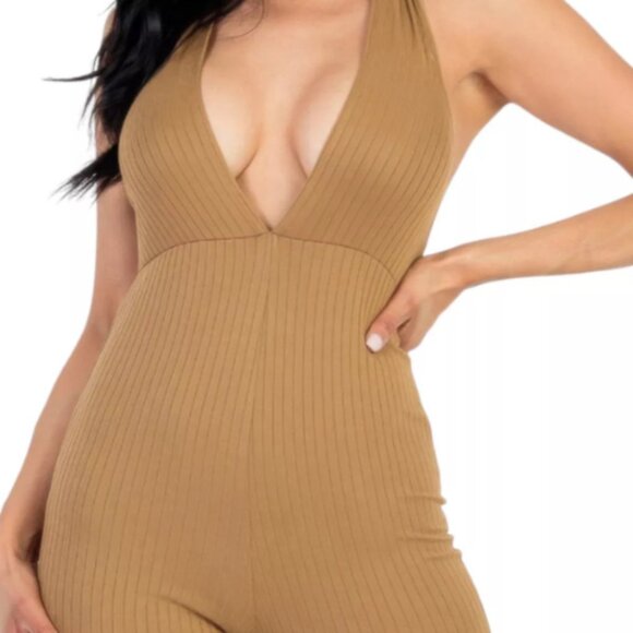 Women's Rib Knit Bodycon Romper, Halter Neck, V-Cut Design, Stretch Fit Mocha - Picture 2 of 3